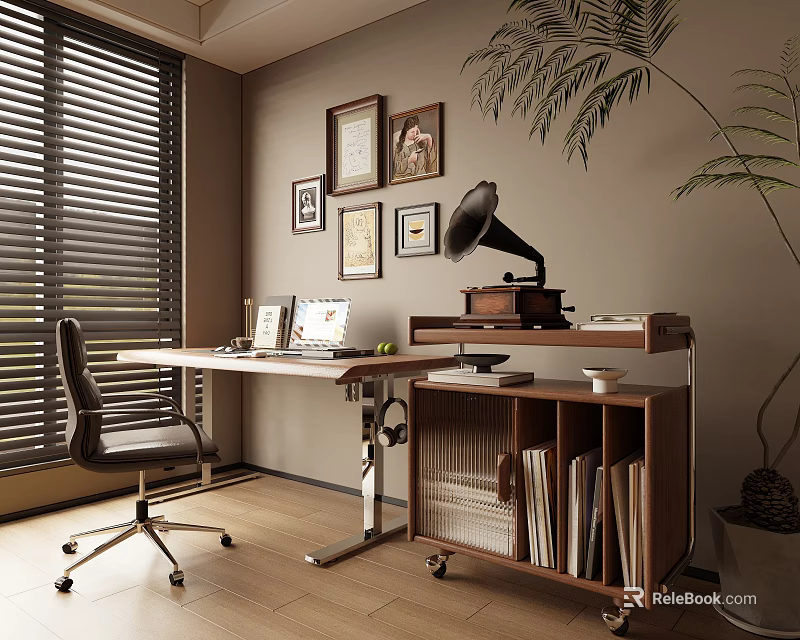 Cozy Study Room With Window Blinds Framed Pictures Vintage Gramophone Wooden Desk Bookshelf And Potted Plant 3d model 