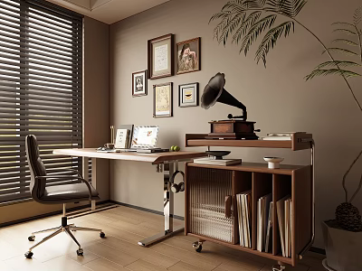 Cozy Study Room With Window Blinds Framed Pictures Vintage Gramophone Wooden Desk Bookshelf And Potted Plant 3d model