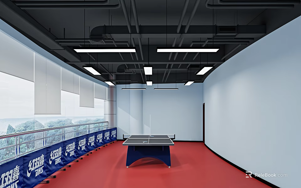 Modern Indoor Table Tennis Fitness Room With Red Flooring Blue Barriers And Lighting 3d model 