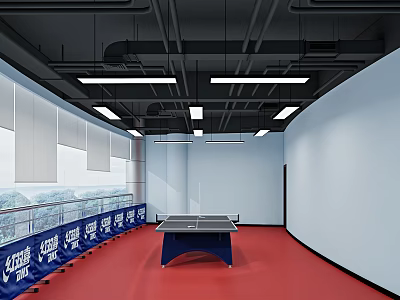 Modern Indoor Table Tennis Fitness Room With Red Flooring Blue Barriers And Lighting 3d model