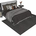 Double Bed with Striped Headboard Gray Quilt Nightstand and Table Lamp Decorative Items 3d model