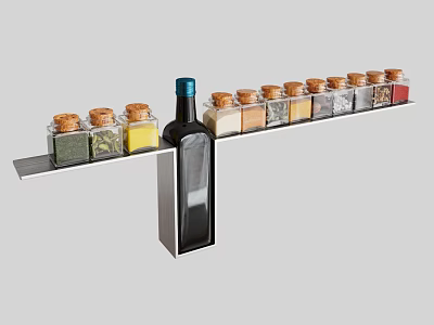 Kitchen Spice Jars with Wooden Lids on Metal Rack and Black Oil Bottle 3d model