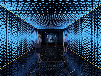 Hotel Corridor Interior Design With Black Geometric Walls Blue Lighting And Reflective Marble Floor 3d model