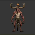 Mythical Fantasy Creature Character With Red Skin Muscular Body Antlers Flame Decor And Beast Legs