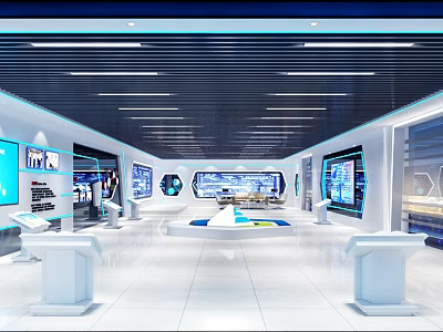 Futuristic Tech Control Center Featuring Multiple Digital Screens Interactive Consoles And Spacious Modern Design 3d model
