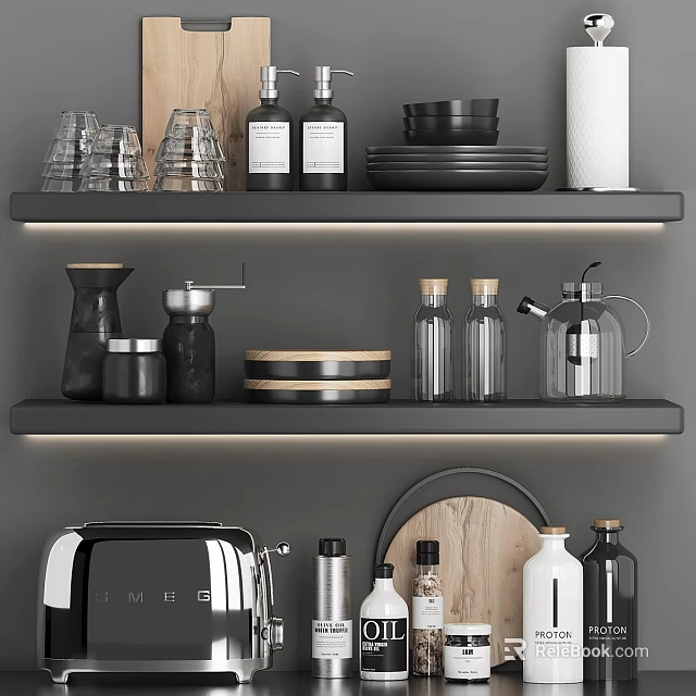 Modern Kitchenware Display On Shelves Including Glassware Bottles Plates Grinder Kettle And Toaster 3d model 
