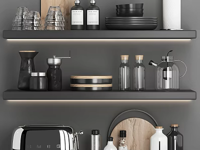 Modern Kitchenware Display On Shelves Including Glassware Bottles Plates Grinder Kettle And Toaster 3d model