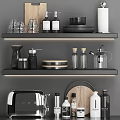 Modern Kitchenware Display On Shelves Including Glassware Bottles Plates Grinder Kettle And Toaster