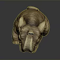 Wooden Elephant Sculpture In Sitting Posture With Curled Trunk And Detailed Texture