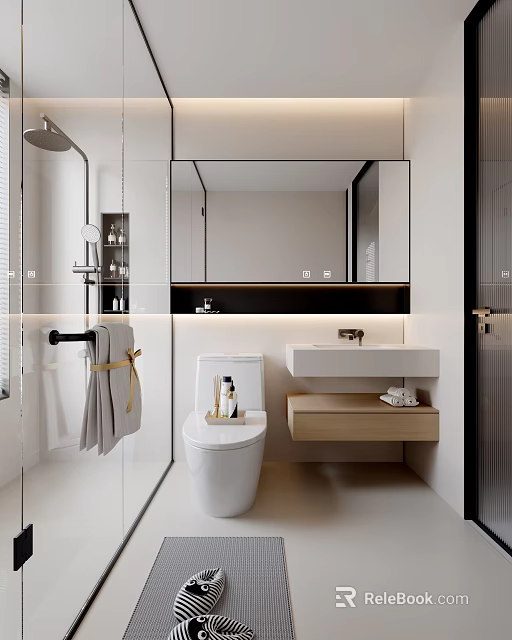 Modern Bathroom Interior Design With Large Mirror Wall Mounted Sink Toilet And Wooden Cabinets 3d model 