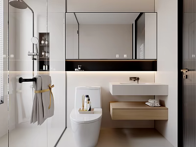 Modern Bathroom Interior Design With Large Mirror Wall Mounted Sink Toilet And Wooden Cabinets 3d model