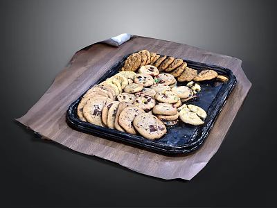 Assorted Cookies on Black Tray Served with Brown Paper on Dark Background 3d model