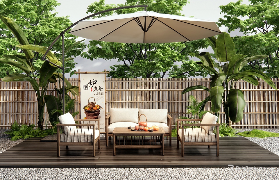 Outdoor Sofa Set With Bamboo Fence Patio Umbrella Green Plants And Armchairs 3d model 