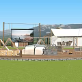 Outdoor Garden Landscape Featuring White Tents Wooden Deck Green Lawn Large Screen And Distant Mountains
