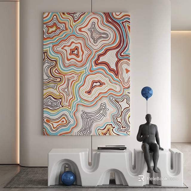 Vibrant Abstract Painting With Swirling Lines And Modern Interior Black Sculpture Blue Balloon White Pedestals 3d model 