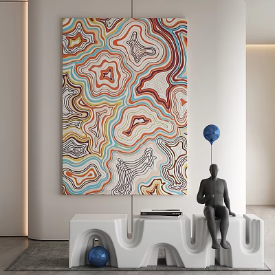 Vibrant Abstract Painting With Swirling Lines And Modern Interior Black Sculpture Blue Balloon White Pedestals 3d model
