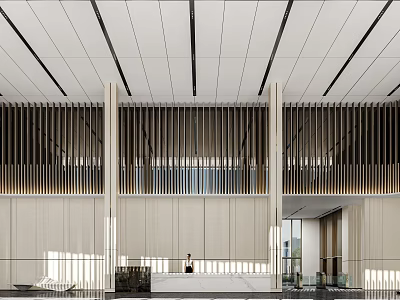 Modern Front Desk Reception Lobby With Minimalist Wooden Grilles Marble Countertop And Natural Light 3d model