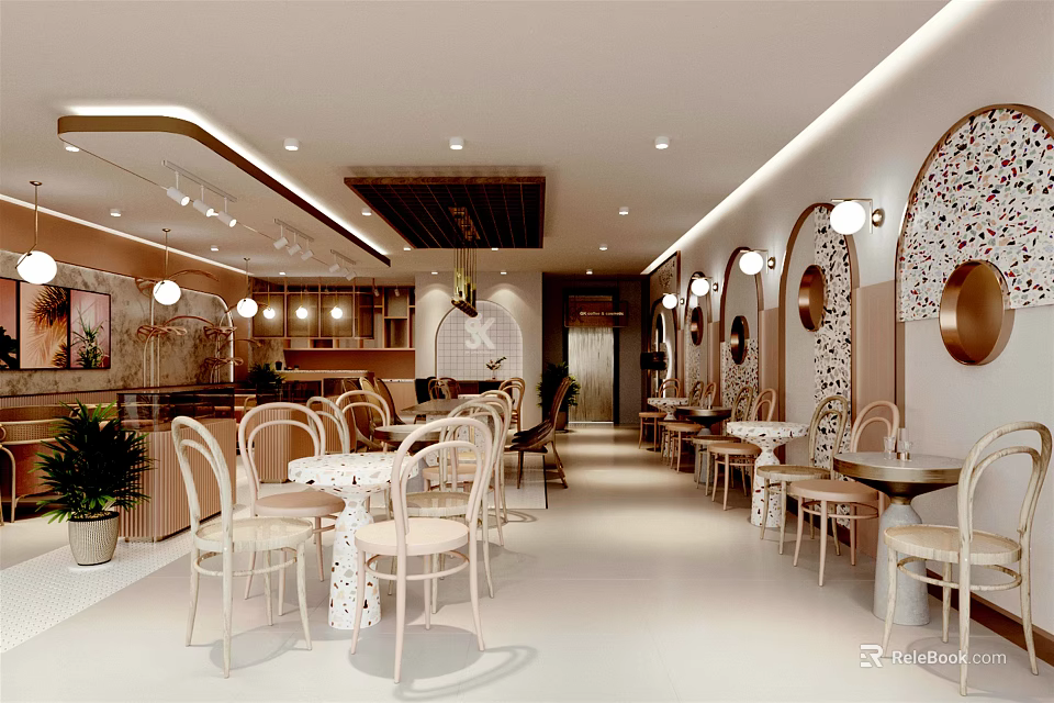 Warm Bubble Tea Shop Interior Design With Round Tables Comfortable Chairs And Circular Wall Decor 3d model 