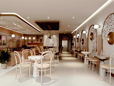 Warm Bubble Tea Shop Interior Design With Round Tables Comfortable Chairs And Circular Wall Decor 3d model