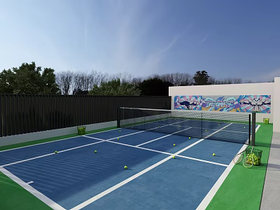 Outdoor Tennis Court Fitness Activity With Colorful Graffiti Wall Bicycle Green Area And Tennis Balls 3d model
