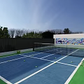 Outdoor Tennis Court Fitness Activity With Colorful Graffiti Wall Bicycle Green Area And Tennis Balls
