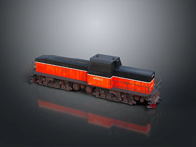 Orange And Black Diesel Locomotive Model With Detailed Wheels And Railway Design 3d model