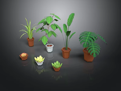 Various Potted Plants With Green Leaves And Decorative Pots For Home Decor 3d model