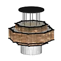 Modern Crystal Chandelier With Black Circular Base Layered Wooden Strips And Crystal Pendants