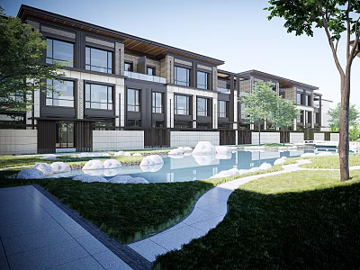 Modern Townhouses Exterior Design With Pond Rocks Green Grass And Trees 3d model