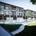 Modern Townhouses Exterior Design With Pond Rocks Green Grass And Trees