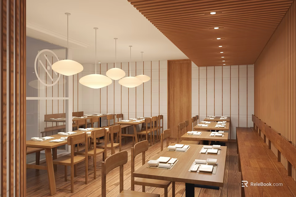 Modern Wooden Restaurant Interior With Pendant Lights Tables Chairs And Neatly Arranged Tableware 3d model 