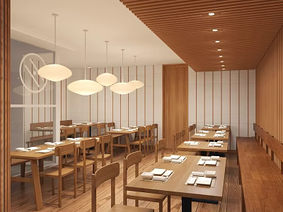 Modern Wooden Restaurant Interior With Pendant Lights Tables Chairs And Neatly Arranged Tableware 3d model