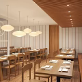 Modern Wooden Restaurant Interior With Pendant Lights Tables Chairs And Neatly Arranged Tableware