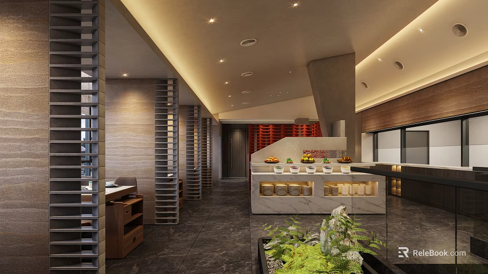 Hotpot Restaurant Modern Interior Design With Wooden Partitions Stone Countertops And Green Plants 3d model 