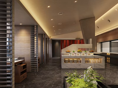Hotpot Restaurant Modern Interior Design With Wooden Partitions Stone Countertops And Green Plants 3d model