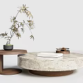 Round Marble Coffee Table with Wooden Side Table Tray Teacups Open Book and Bamboo Plant