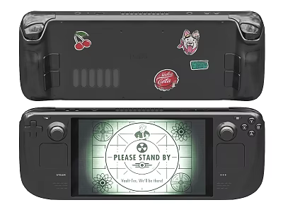 Handheld Digital Console With Back Stickers And Front Screen Displaying PLEASE STAND BY 3d model