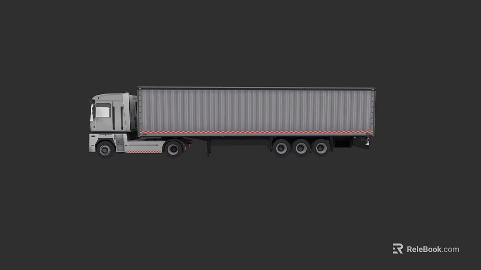 Gray Commercial Container Truck with Cab and Long Trailer Body on Dark Background 3d model 
