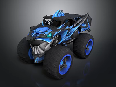 Blue Black Monster Truck With Flame Patterns Large Tires Green Lights And Biological Design 3d model