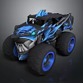 Blue Black Monster Truck With Flame Patterns Large Tires Green Lights And Biological Design