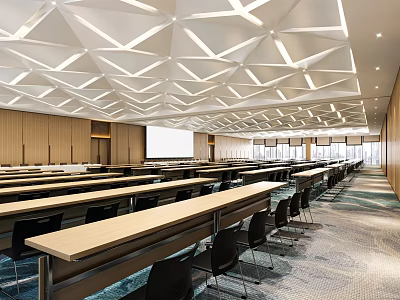 Spacious Modern Conference Room With Geometric White Ceiling Long Tables Chairs And Projector Screen 3d model