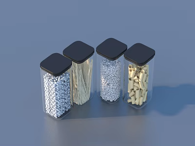 Transparent Glass Jars With Black Lids Storing Various Dry Food Ingredients 3d model