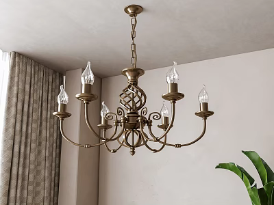 Vintage Metal Chandelier Featuring Candle Shaped Bulbs In Light Colored Room 3d model