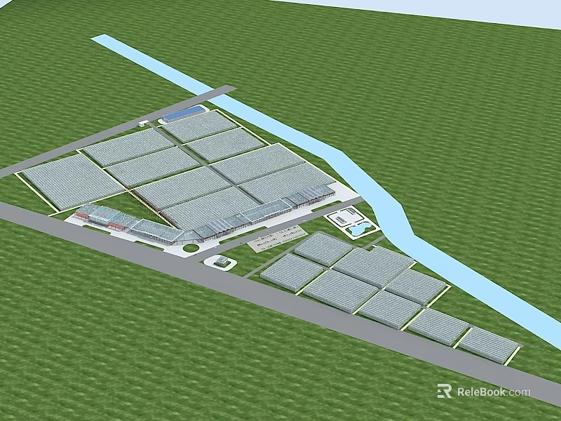 Industrial Plant Layout With Multiple Large Buildings Green Lawn And River 3d model 
