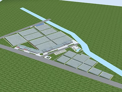 Industrial Plant Layout With Multiple Large Buildings Green Lawn And River 3d model