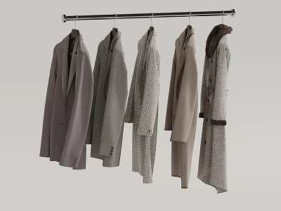 Six Different Styles of Gray Coats Hanging on Metal Hanger Light Background 3d model