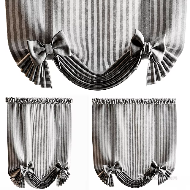 Stylish Striped Curtains For Windows With Decorative Bow Knots And Pleated Edges 3d model 