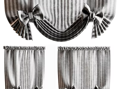 Stylish Striped Curtains For Windows With Decorative Bow Knots And Pleated Edges 3d model