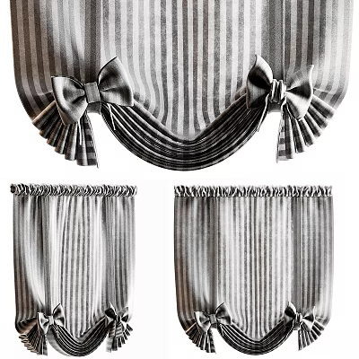 Stylish Striped Curtains For Windows With Decorative Bow Knots And Pleated Edges 3d model