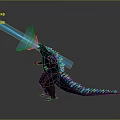 Giant Godzilla Creature Firing Blue Energy Beam With Glowing Spikes On Dark Background